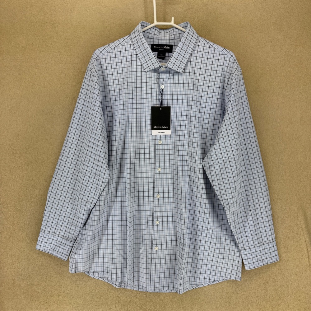 Mizzen+Main Leeward LS Dress Shirt Light Pastel Blue Check Plaid Trim Fit XXL
